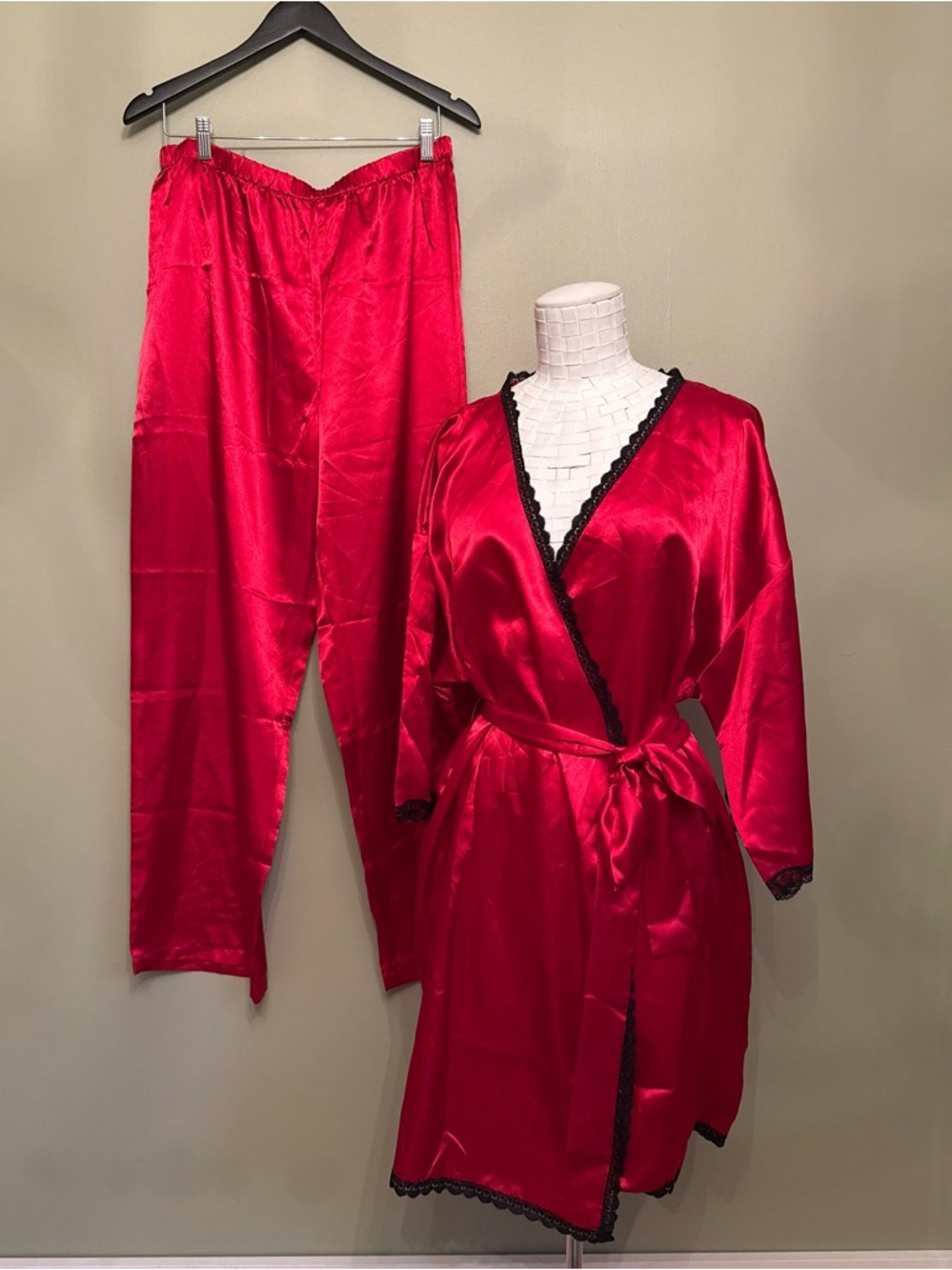 Vtg Jessica Lingerie Red Satin Robe & Wide Leg Pant Set | Size 18 XL Black Lace